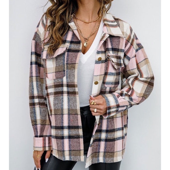 Plaid Flannel Shacket Shirt Jacket Pink Tan Gray - Picture 2 of 12